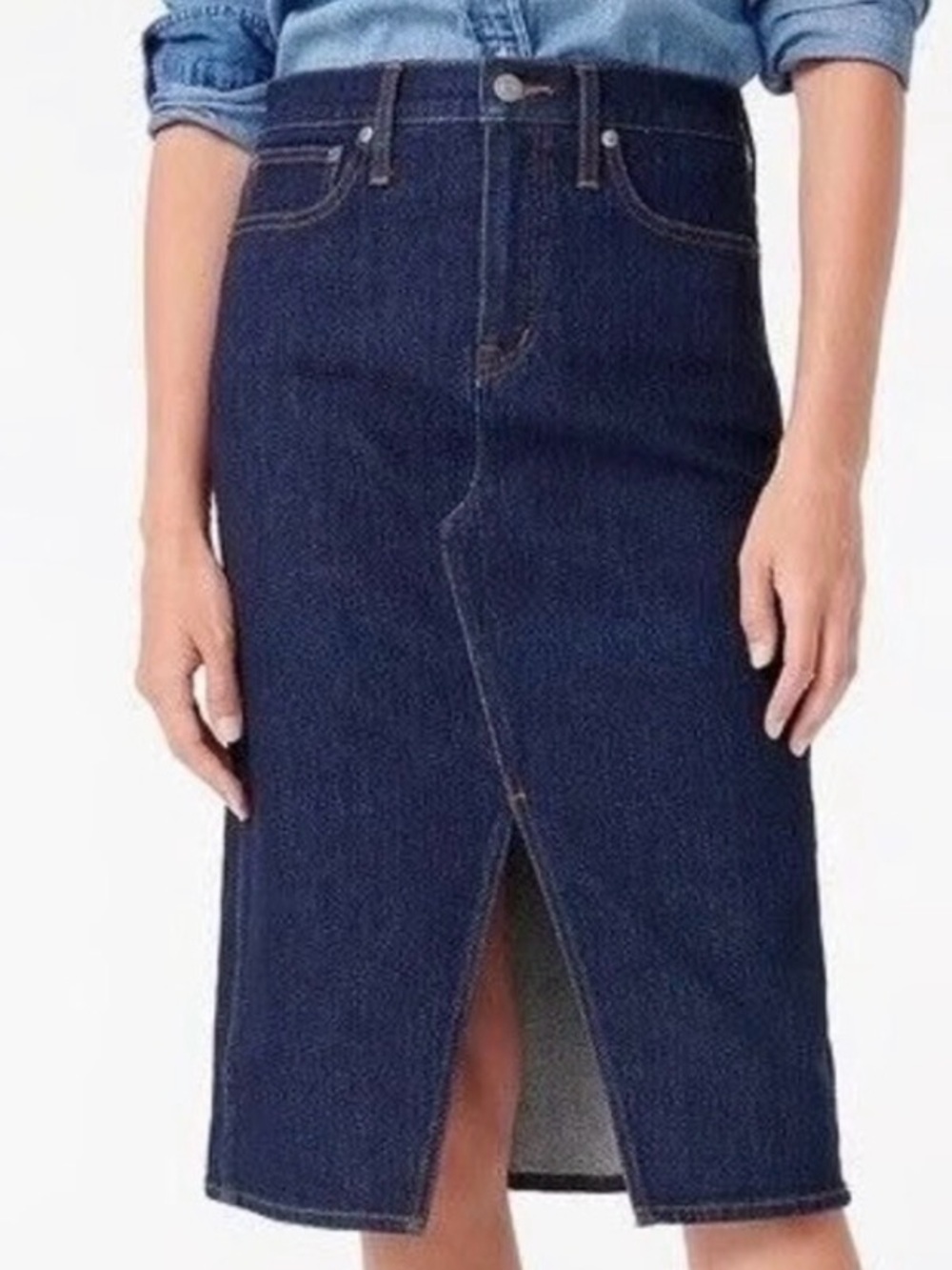 J. Crew Dark Blue Denim Midi Skirt with Front Slit